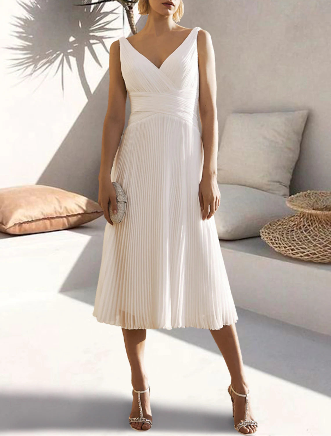 Abiti da cocktail a trapezio con schiena scoperta, abiti da cerimonia per invitati a nozze, lunghezza tè, senza maniche, scollo a V, in chiffon con arricciature, colore puro 2025